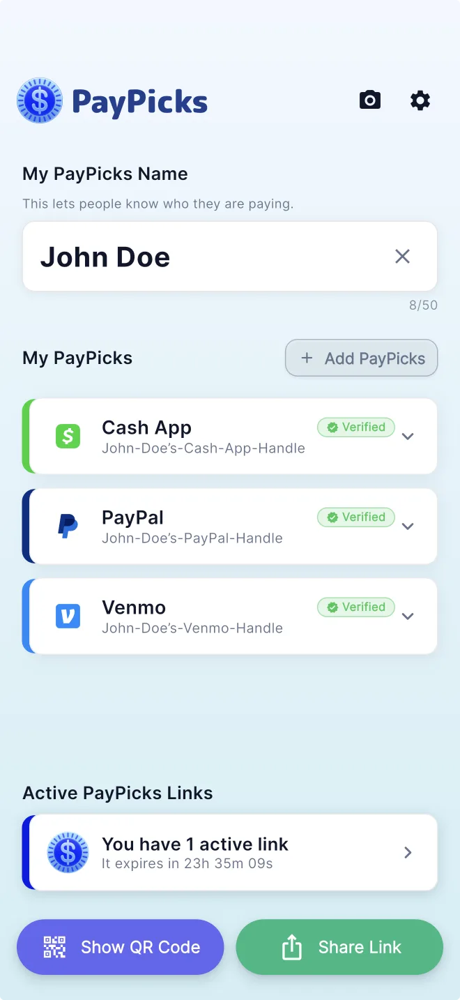 PayPicks app showing Cash App, PayPal, Venmo, and buttons to share a payment link or QR code